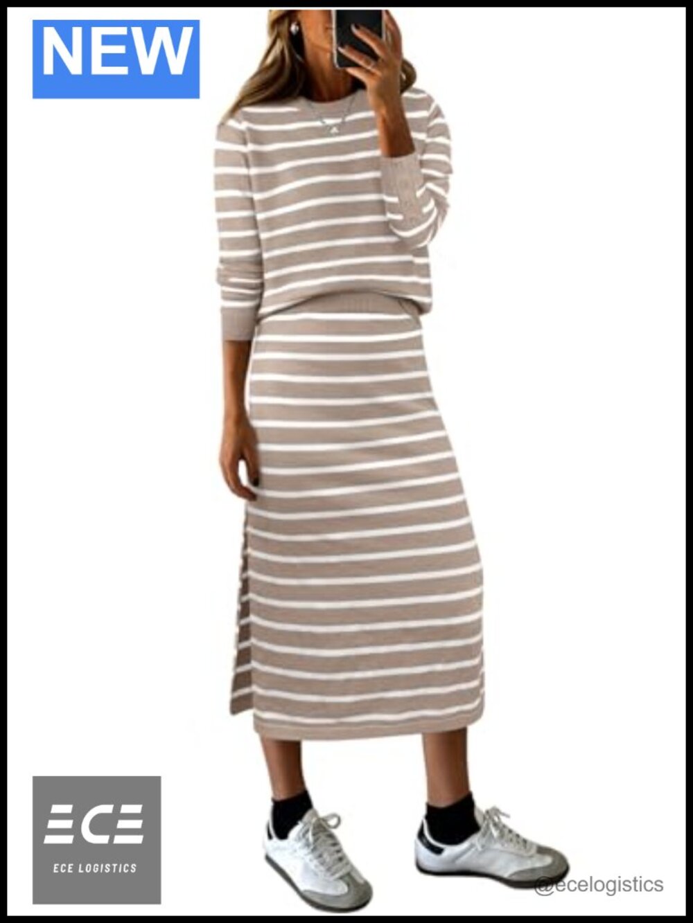Women's 2 Piece Striped Sweater Skirt Set Long Sleeve Midi Skirt Loungewear